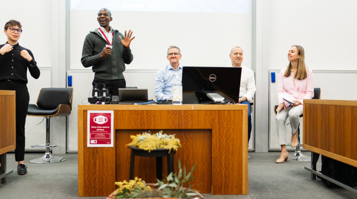 MURRA reunion panel discussion , 10 August 2022. From L to R: Sign language translator, Dr Ian Williamson, Don Sullivan, Geoff Martin, Shelley Cable