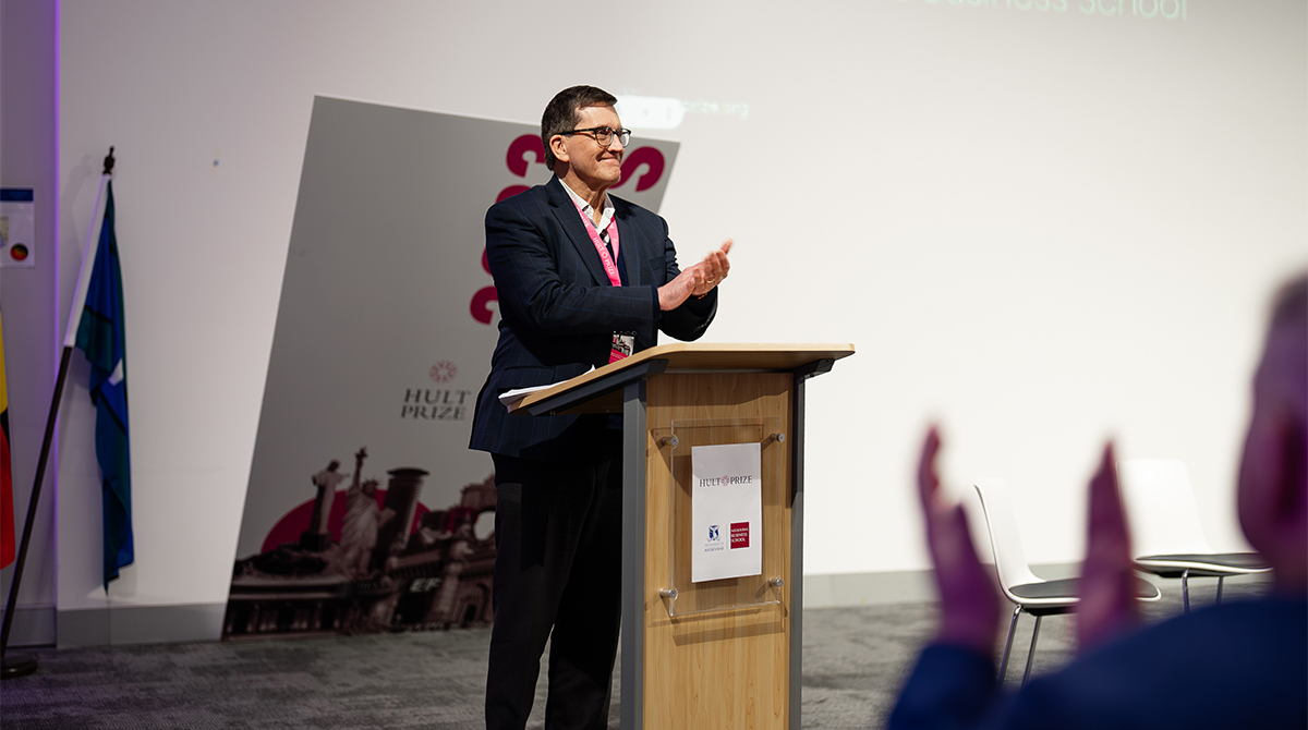Dean Ian Harper speaking at Hult Prize 2023, 9 June 2023