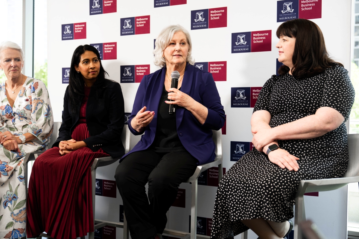 International Women's Day High Tea, 7 March 2026, The Westin Melbourne. Organised by Women’s Alumni Network President Claire Anglim (MBA 2023 and pictured, above) and committee members Caitlin Lynch (MBA 2021), Afsaneh Rashidi (MBA 2024) and Jennifer Mancuso (MBA 2023); to Women in Management Student Club President Fiona Sherwin and her team Mona Jhoty, Penny Bell, Jessica Maung and Jennifer Do. Panellists: Wendy Stops (Board Member, Coles and MBS), Elizabeth Wilson (CIO, Victorian Department of Education), Natasha Santha (Executive General Manager - Transformation, RACV), Associate Professor Jody Evans
